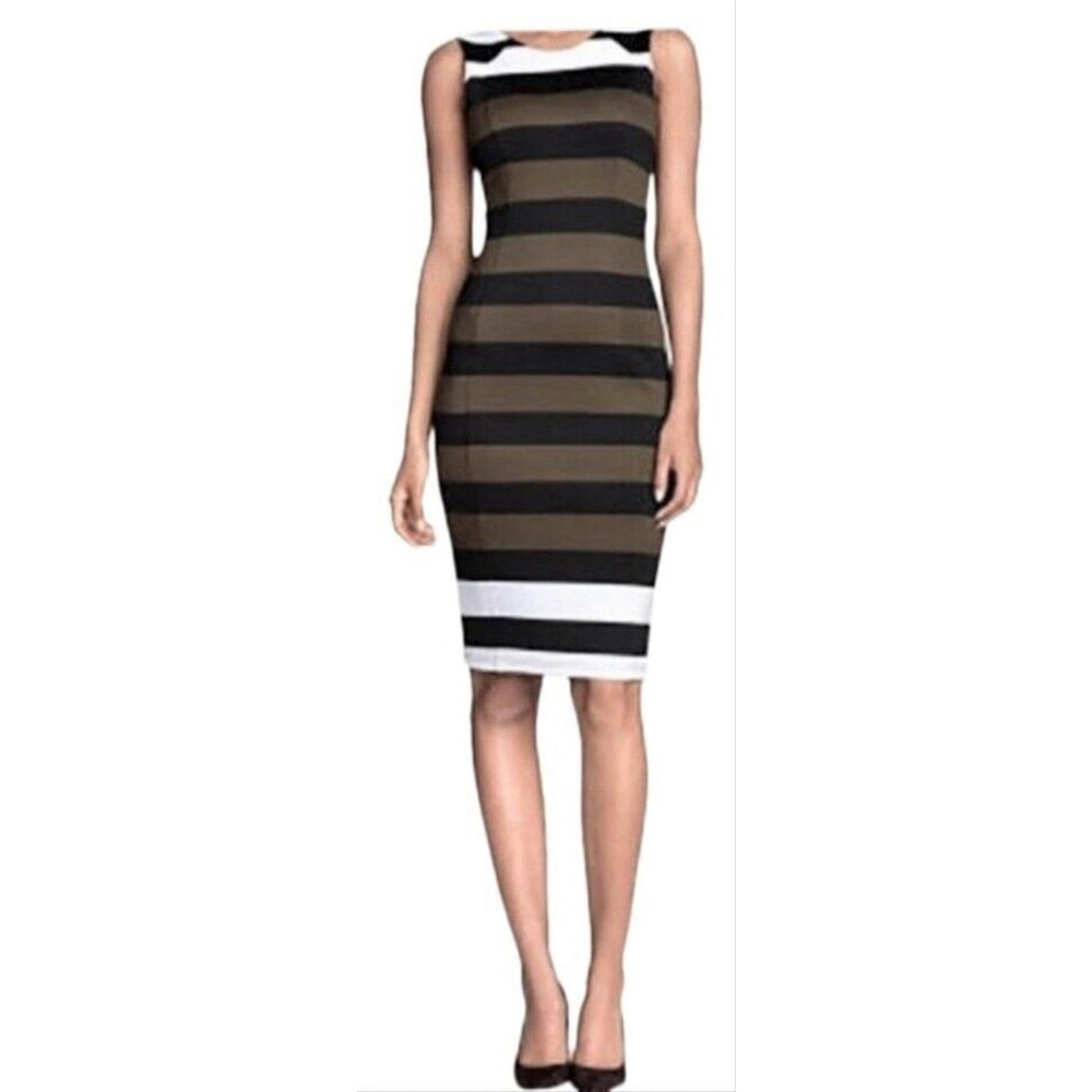 H&M Sleeveless Scuba Bodycon Dress Black Brown White Stripe Sz XS